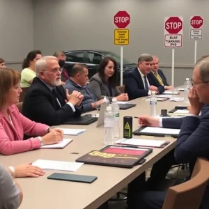 Community members at a city board meeting discussing towing reforms.