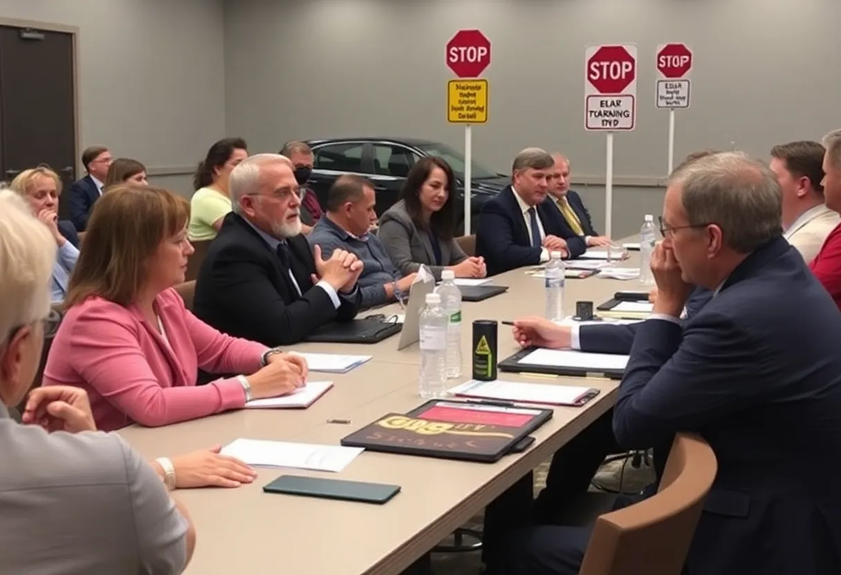 Community members at a city board meeting discussing towing reforms.