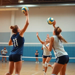 Texas A&M volleyball players competing in a match.