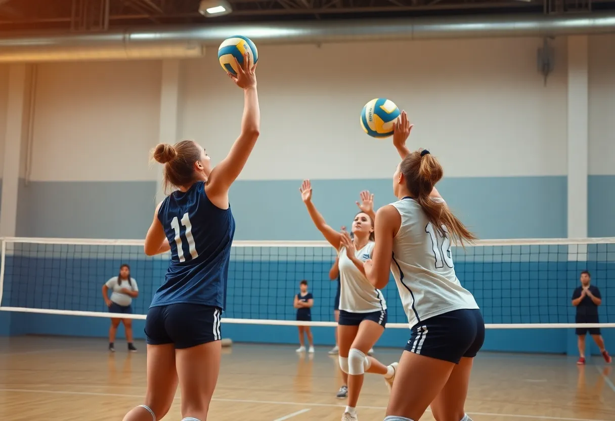 Texas A&M volleyball players competing in a match.