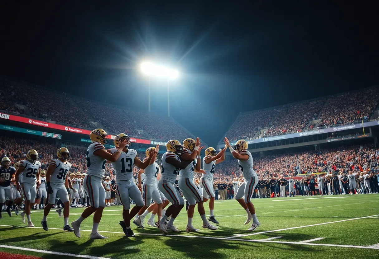 Texas Longhorns celebrating victory in overtime