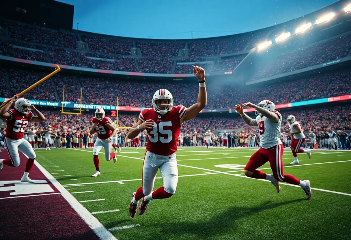 Texas Longhorns players celebrating their overtime victory over Mississippi State