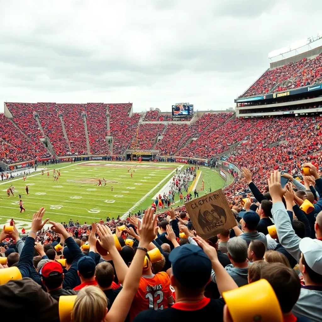 Crowd cheering at Davis Wade Stadium during Texas Longhorns vs Mississippi State game