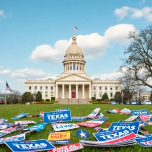 A view of the Texas state capitol with campaign material in the foreground.
