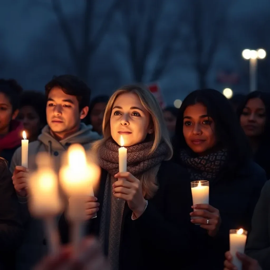 Community gathering during candlelight vigil for a political activist.